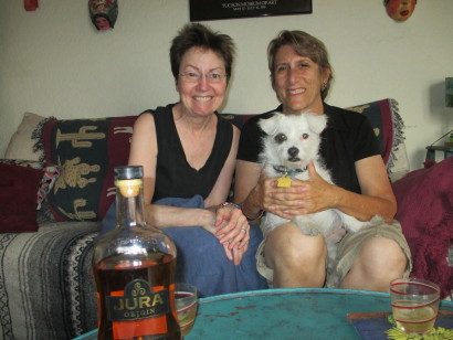 Cynthia, Madeleine, and me. That shocked look? Madeleine is a purist. She disapproves of any cubes in single malts